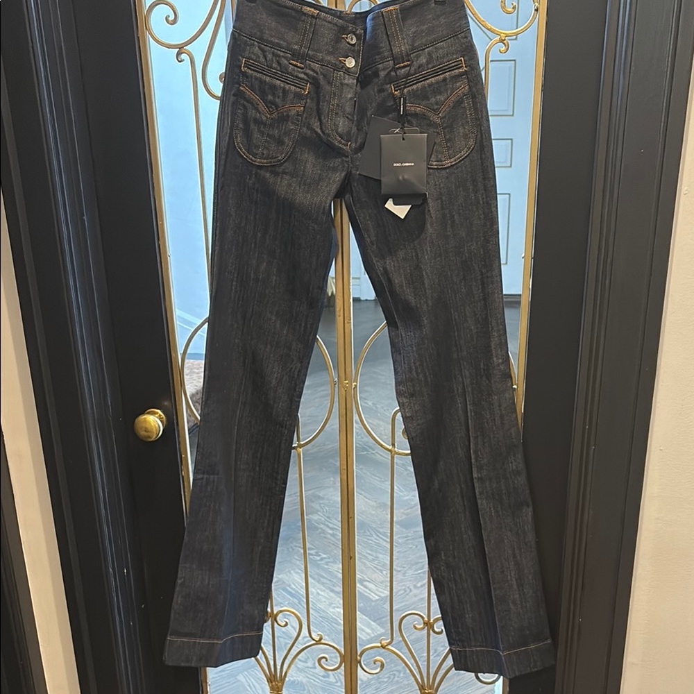 Dolce & gabbbana pocket lamb leather Jeans nwt size 42 dark blue boot wider leg